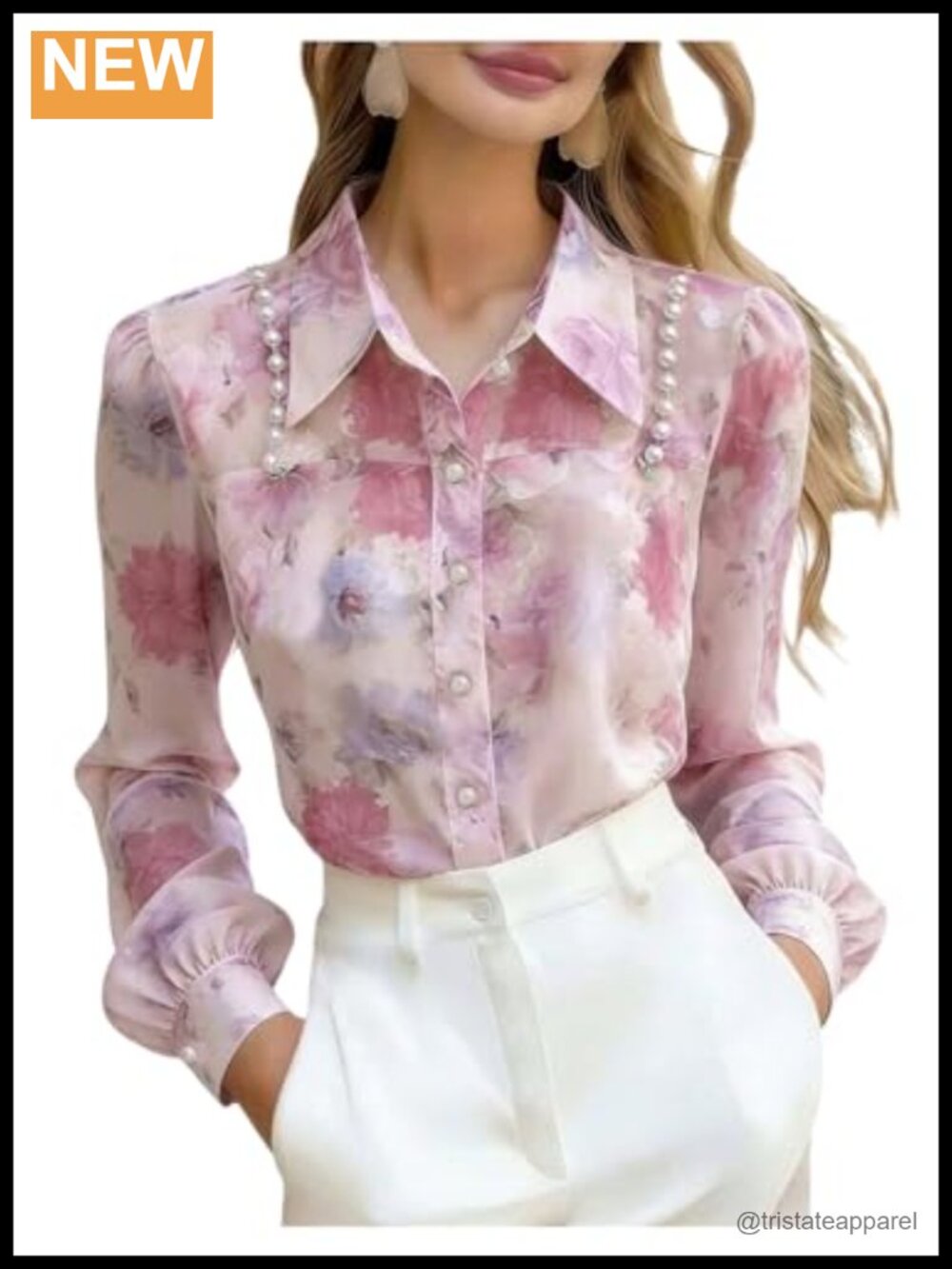 Floral Button Down Shirt Long Sleeve Pearl Beaded Sheer Blouse Dressy Casual
